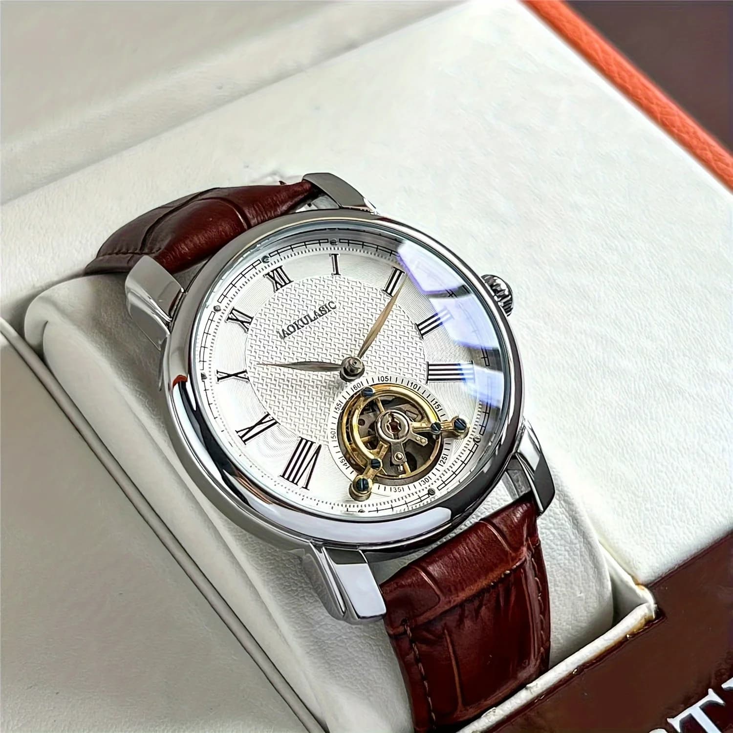 Luxury Men's Automatic Mechanical Watch - Stylish Hollow Design, Fashionable Business Casual Style, Alloy Case and Leather Strap, No Battery