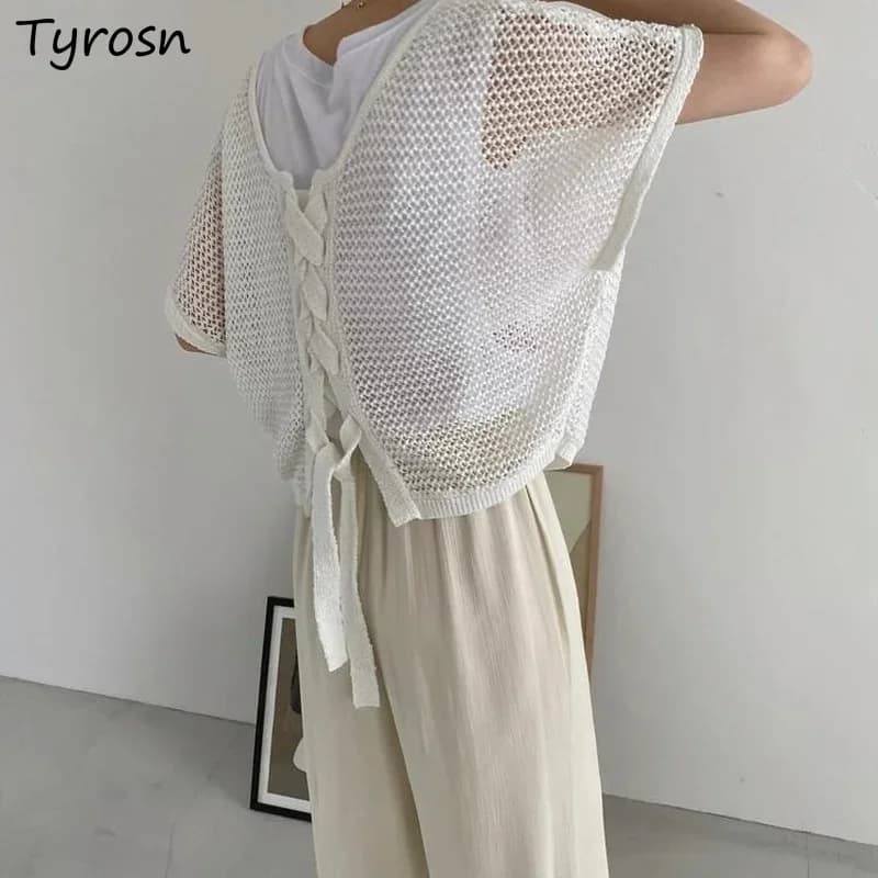 Pullover con fasciatura Design da donna Puro tutto-fiammifero Casual Scava fuori Maglieria estiva Traspirante Ulzzang Scollo a V da donna Allentato Semplice