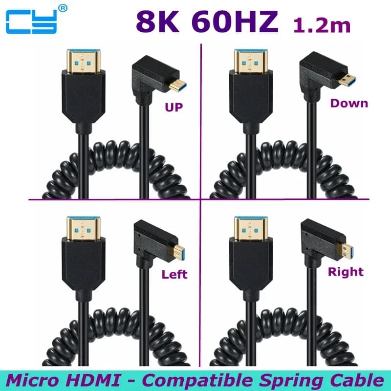 HD 8k@60hz 90 Degree Angle Micro HDMI-Compatible Coiled Cable HDTV-2.1 Computer TV Monitor Digital Camera Universal
