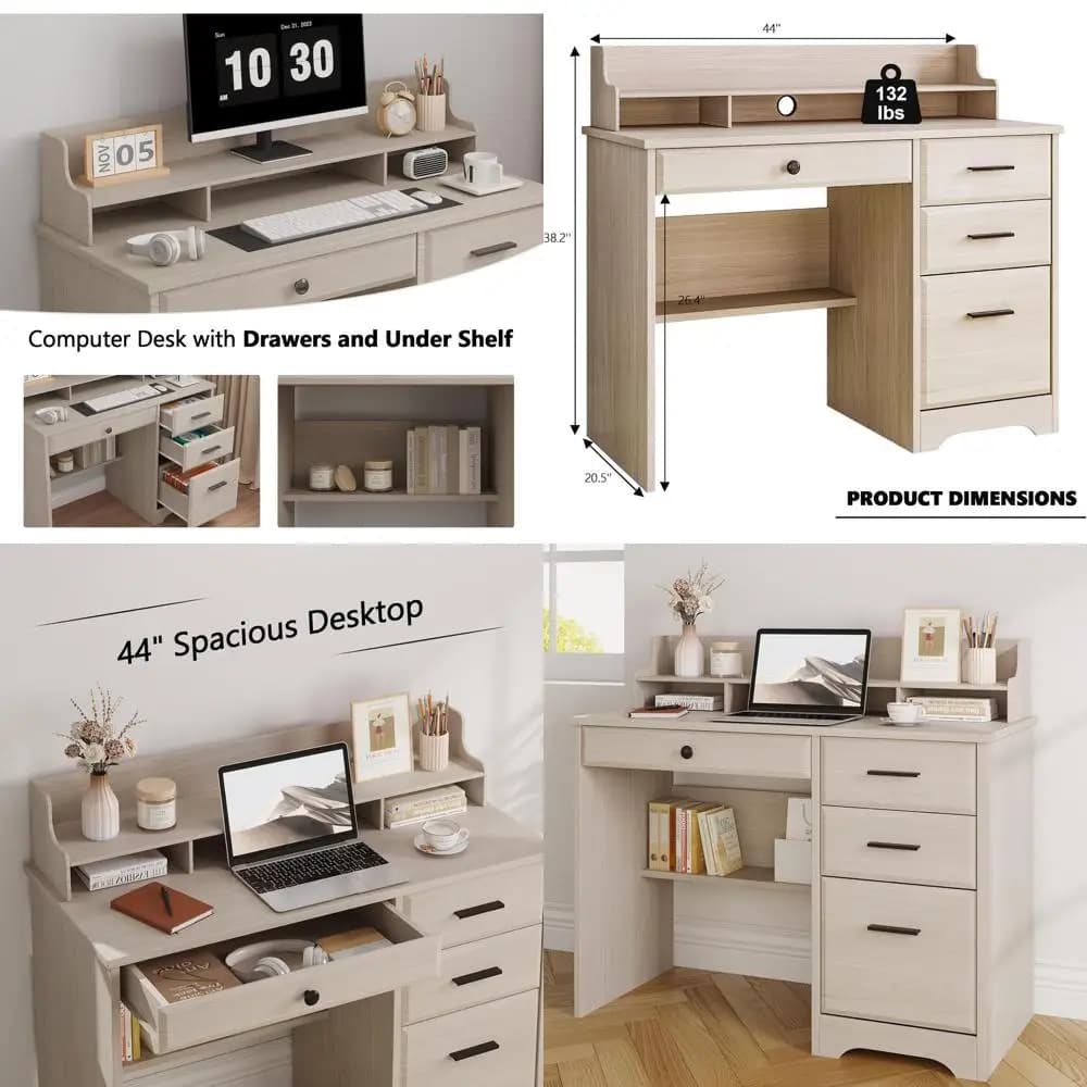 Scrivania Compatta 44 con Cassetti e Supporto Monitor, Scrivania in Legno Bianco per Piccoli Spazi in Camera da Letto o Soggiorno