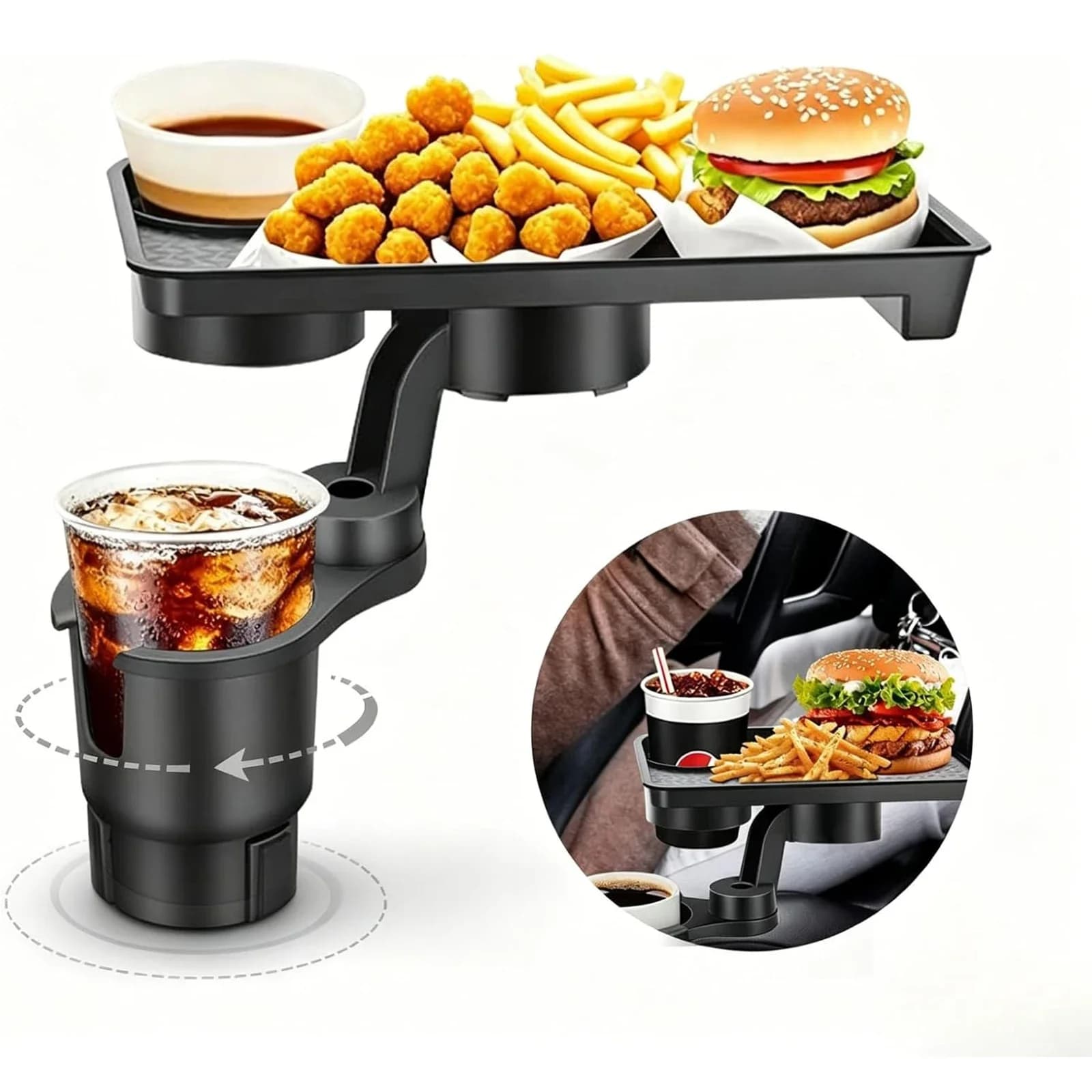 3-in-1 Car Cup Holder Tray Fits 2.6"-3.7" Inner Diameter Car Trays Organizer with Double Cupholders Phone Holder for Eating