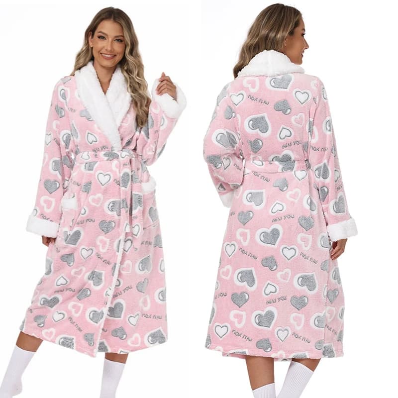 Winter Flannel Night Shirt Women's Dress with Heart Print Coral Fleece Bathrobe Kimono Nightwear Hot Thickness Home Dress Pigiama