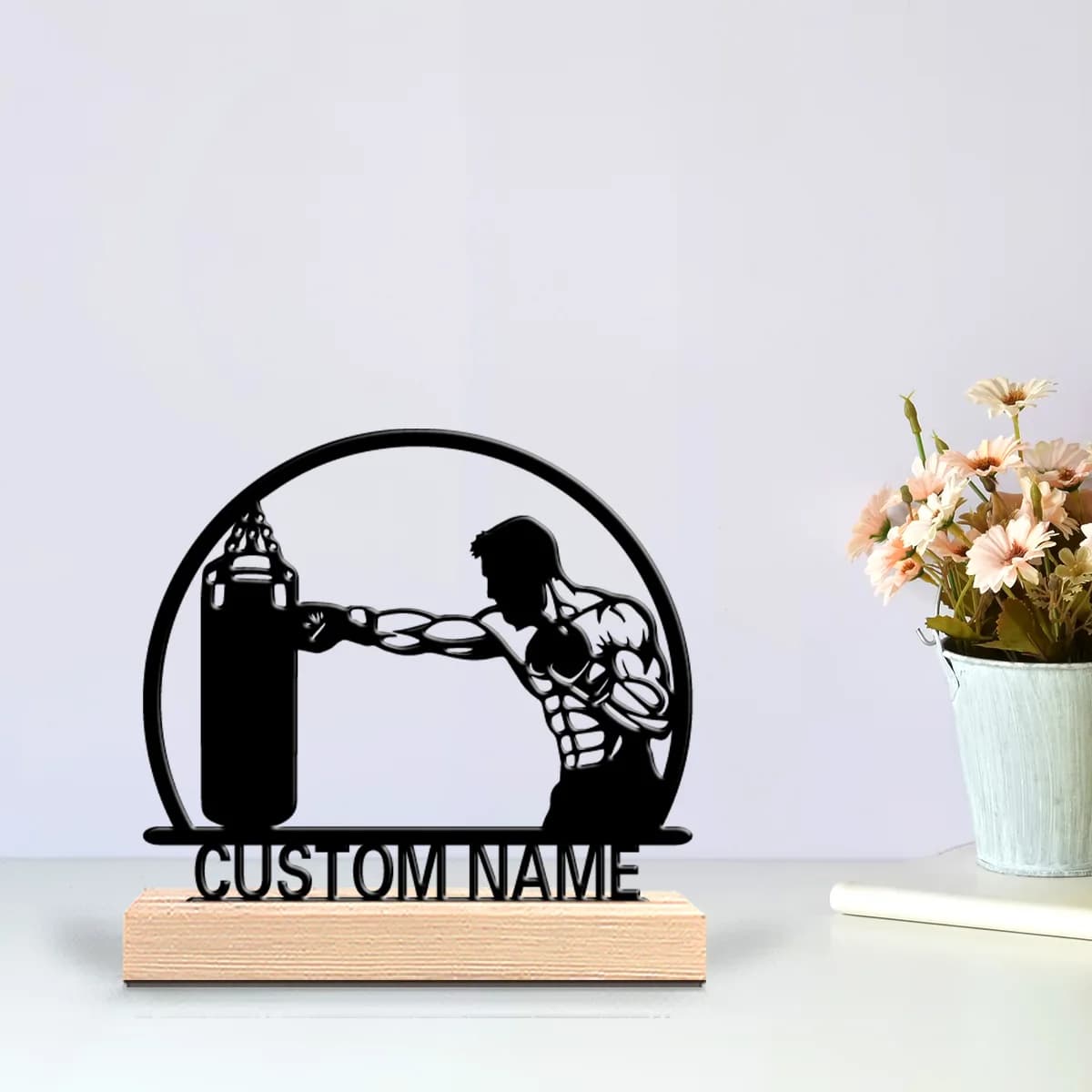 1pc Punching bag Customizable Text Tin Statue Metal Ornament Crafts With Wood Base Iron Statue With Wood Base For Children Gifts