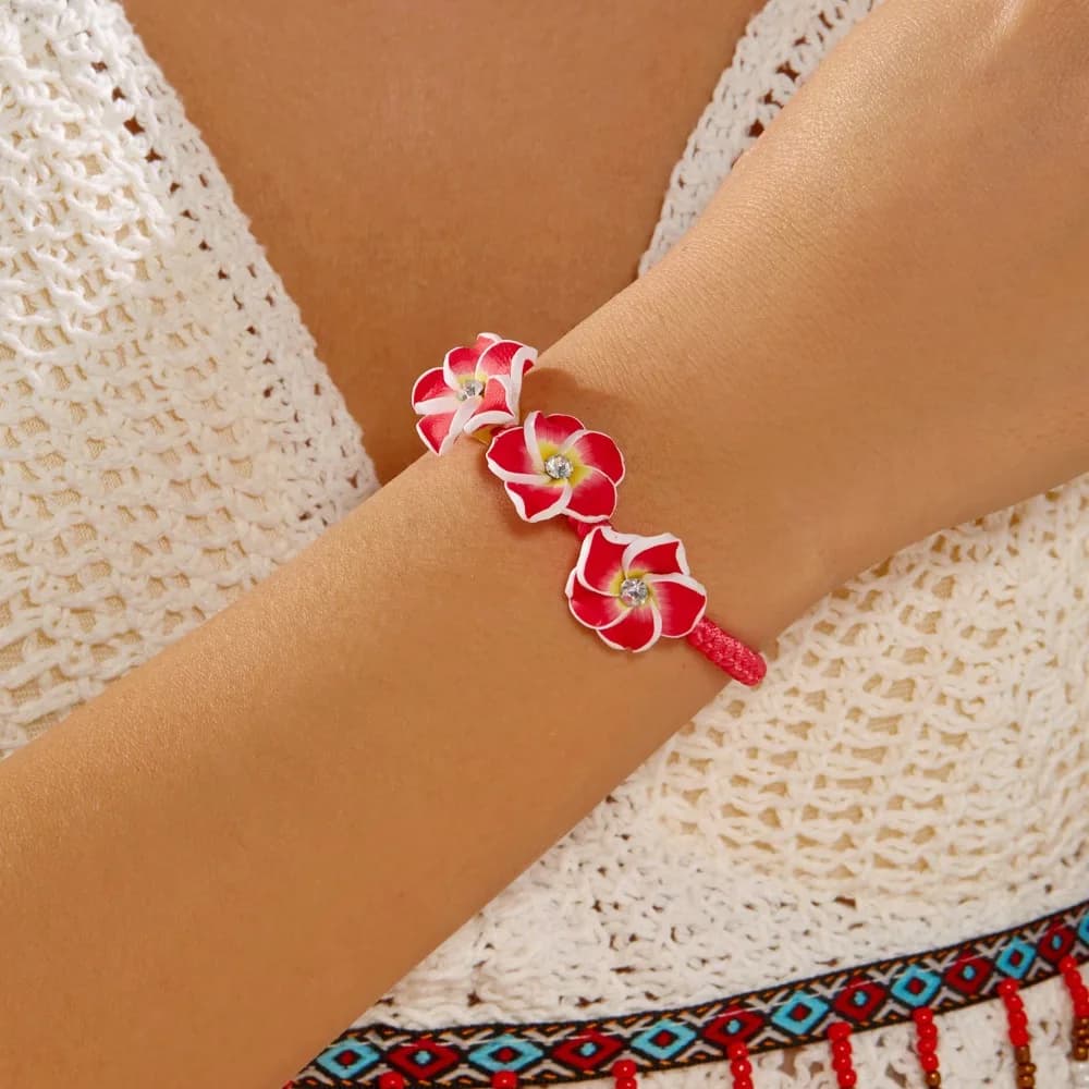 Bracciale con Fiori di Strass, Stile Boho, Intrecciato in Corda, con Fiore a Uovo, Regolabile, Stile Oceano, in Argilla Polimerica