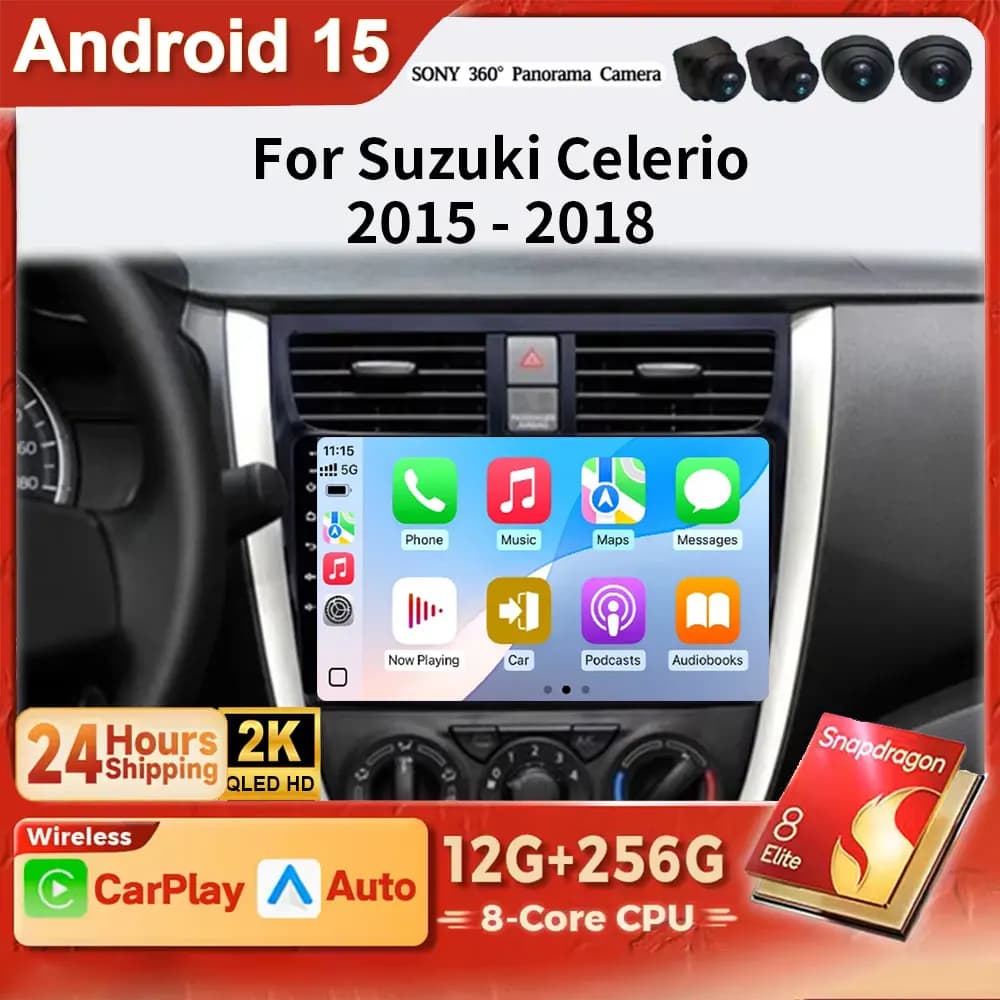 Android 15 2K QLED Car Radio GPS Navigation For Suzuki Celerio Alto 2015-2018 Multimedia Stereo Audio Head Unit CarPlay 4G WIFI