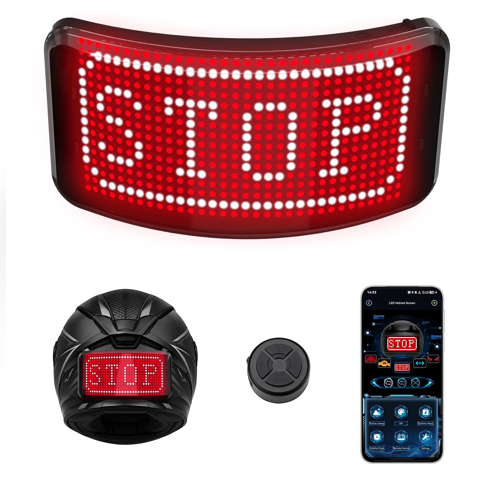 4-in-1 Smart Motorcycle Helmet Light with APP Control, Programmable Custom Text & Turn Signals, LED Brake Tail Light, IP65 Waterproof, 16x32 Matrix, USB Rechargeable with Remote for Night Riding Safety