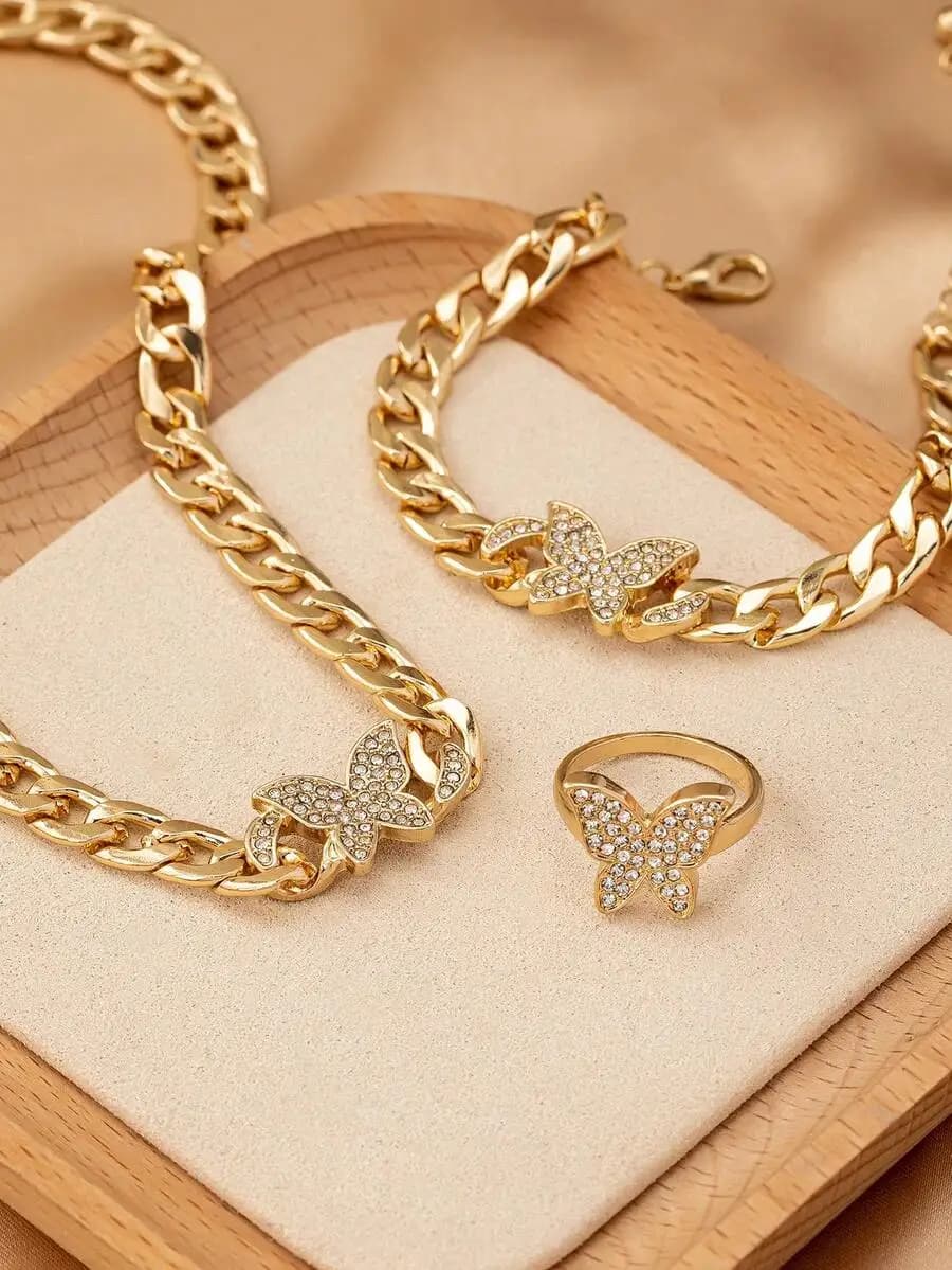 3pcs Butterfly Rhinestone Chain Necklace Bracelet Ring Set For Women