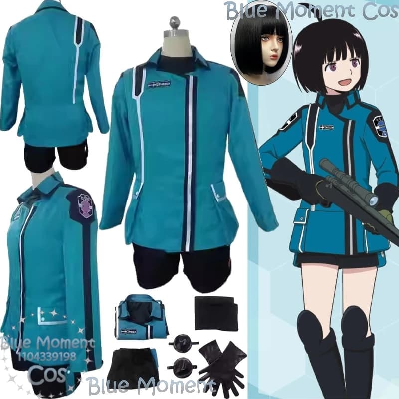 Amateur Chika Anime World Trigger Cosplay Blue Battle Uniform Coat Shirt Shorts Gloves Wig Woman Girl Halloween Party Carnival