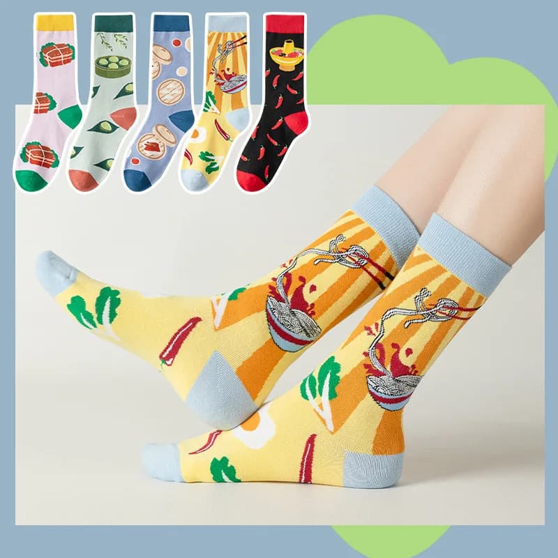 1 paio di cotone Ins Trend Hotpot Noodles Moda Nero Giallo Calzini da donna Lunghi Ragazze femminili Street Style ethic Dress Sox Autunno
