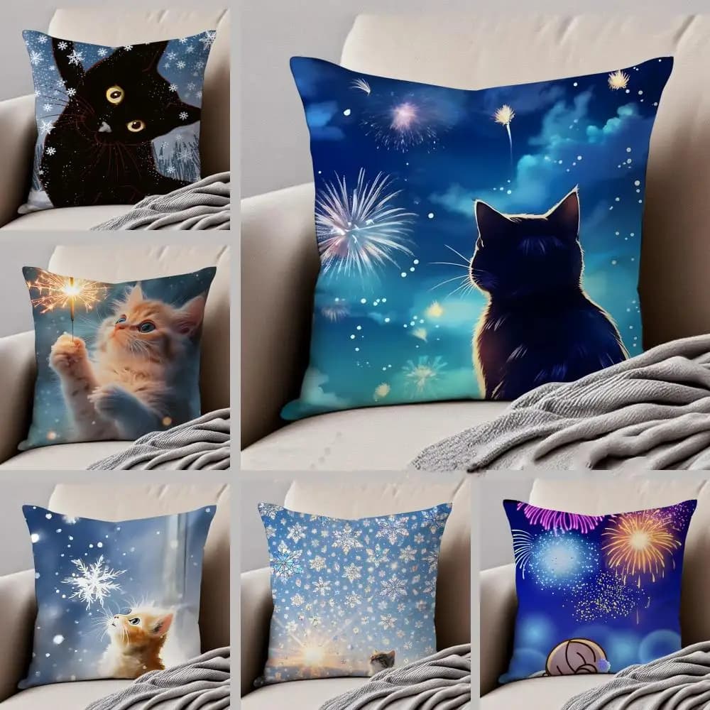 Fodera per cuscino K-Kitty con motivo gatti, fuochi d'artificio e fiocchi di neve, con bottoni a scomparsa, in poliestere resistente, per sedia