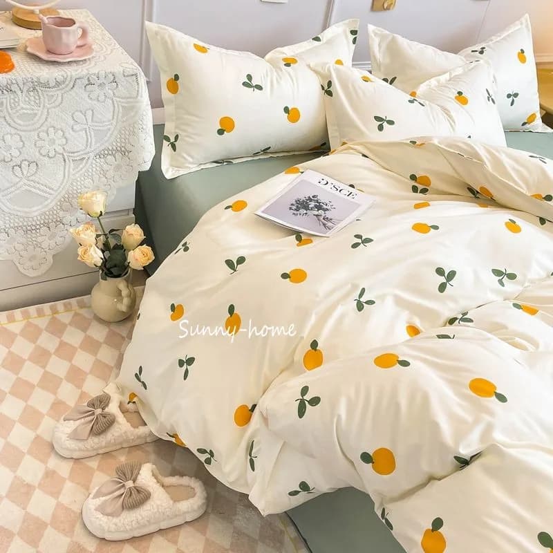 Set copripiumino stile Ins con federe a lenzuolo piatto Cute Orange Cherry Crow Printed Single Double Queen Size Girls Bedding Kit