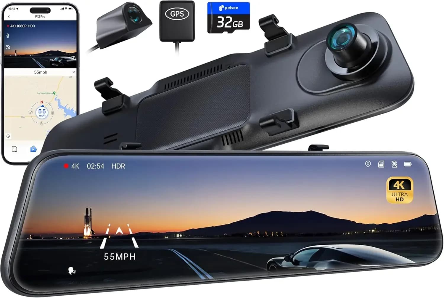 Dash Cam a Specchio 4K con ADAS e BSD, WiFi 5.8GHz, Controllo Vocale, GPS, Visione Notturna, Schermo Touch da 12 Pollici