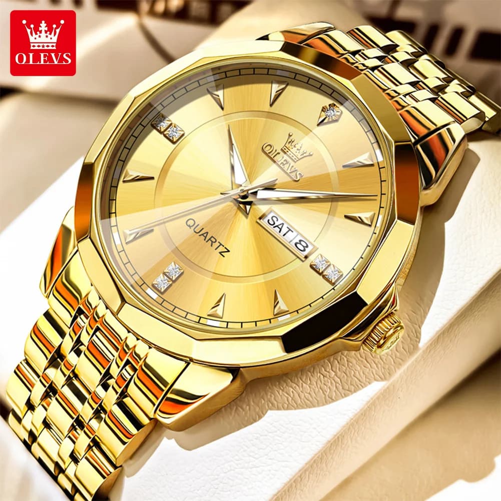 OLEVS 9977 Orologio al quarzo unisex con specchio a rombo Impermeabile luminoso cinturino in acciaio inossidabile funzione giorno-data per uomini e donne
