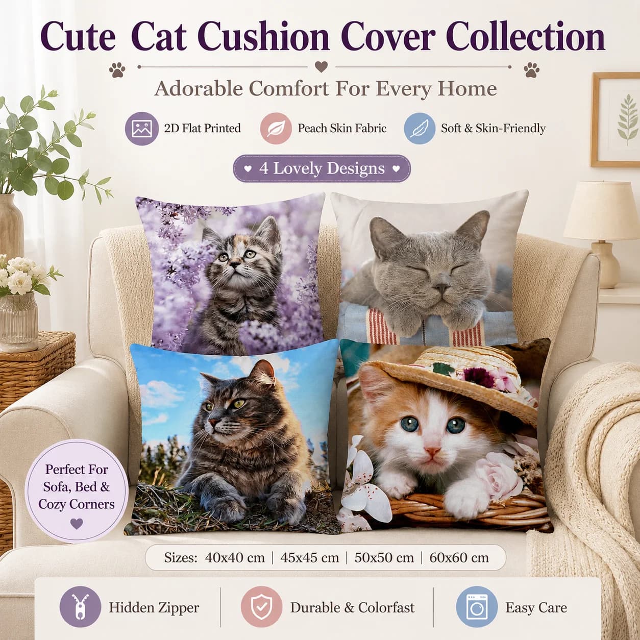 Cute Cat Pet Animal Pillowcase 2D Flat Printed Peach Skin Cushion Cover Realistic Kitten Sofa Bed Living Room Home Decor
