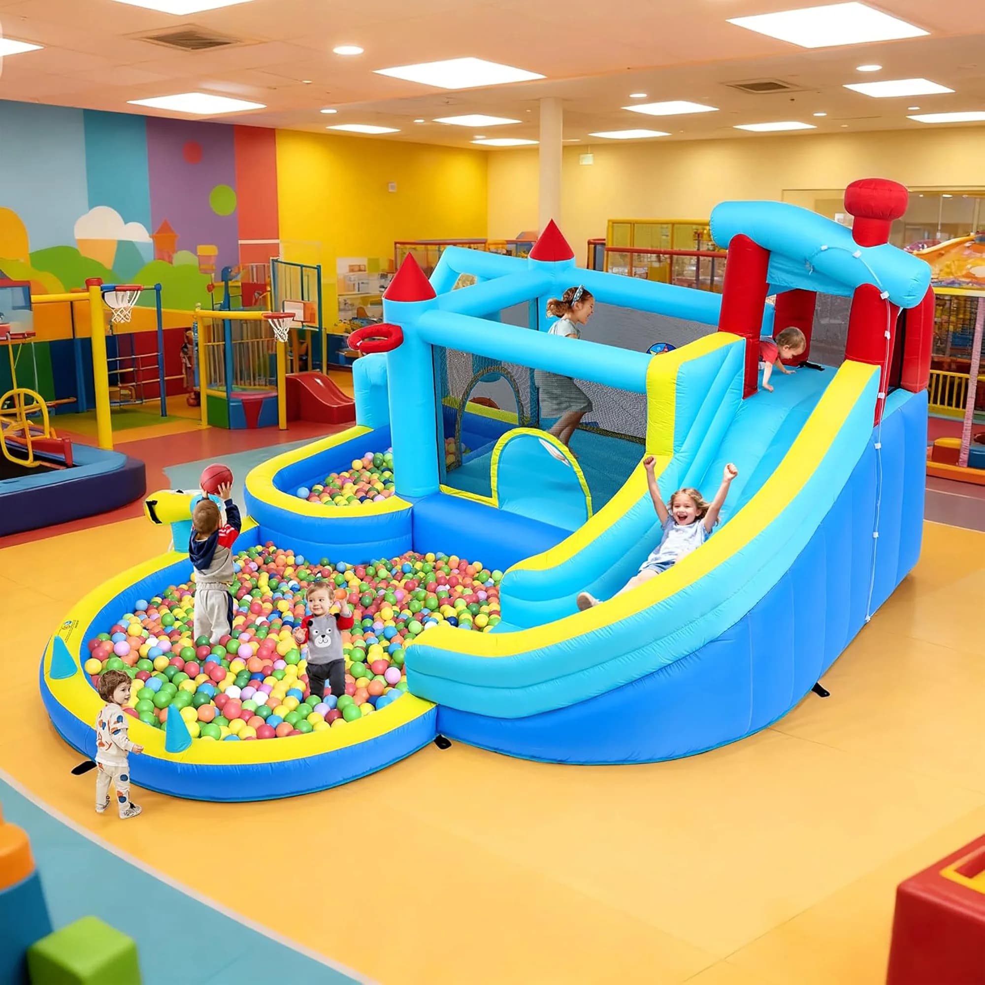 Scivolo acquatico gonfiabile per bambini con soffiatore, parete da arrampicata, piscina, canestro da basket, per interni ed esterni, giardino.