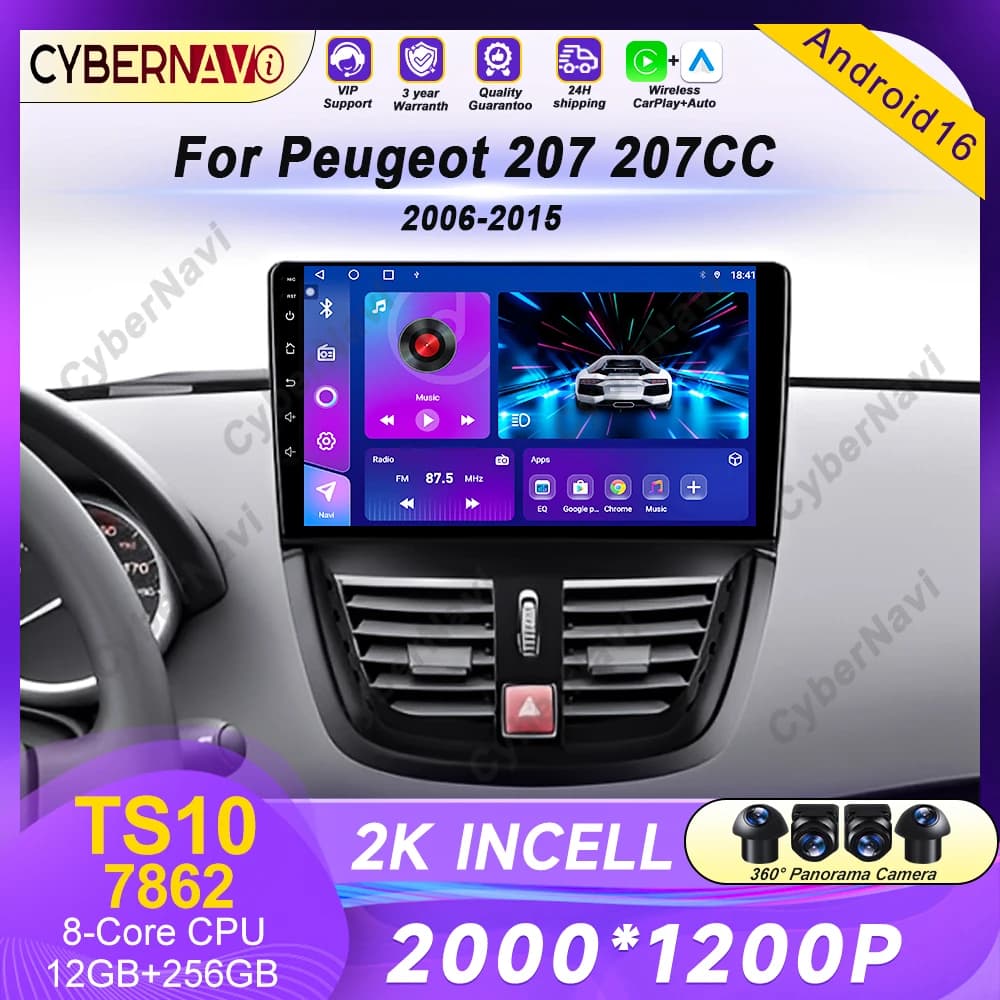 Autoradio Android per Peugeot 207 207CC 2006-2015, Lettore Multimediale Video, Carplay, Bluetooth, Touch Screen, 8 Core, Wifi, 4G, No 2 Din