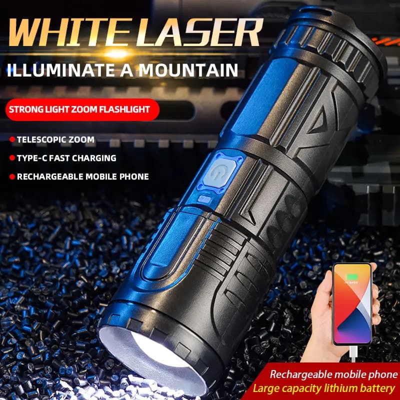 Torcia LED Ricaricabile USB AG55 con Laser, Lampada a Lungo Raggio, Funzione Power Bank di Emergenza, Luce per Alpinismo