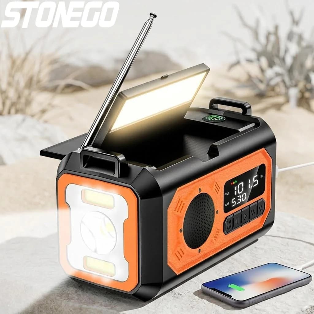 Radio di Emergenza Solare a Manovella 12000mAh con 2 Pannelli AM FM NOAA, Lampada da Lettura Portatile per Campeggio Esterno
