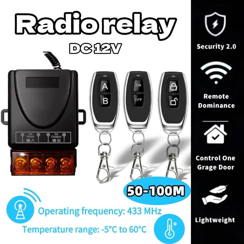 Interruttore Telecomandato Wireless DC 12V 24V 48V 72V 30A RF 433Mhz Relè per Allarmi Antifurto, Pompe, Luci, Lampade, Tapparelle e Porte