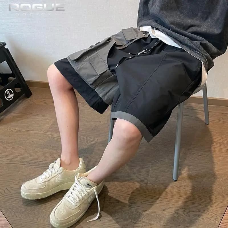Summer Loose Trendy Black Grey Bottoms Streetwear Cargo Shorts Men Colorblock Layered Multi Pocket Drawstring Casual High Street