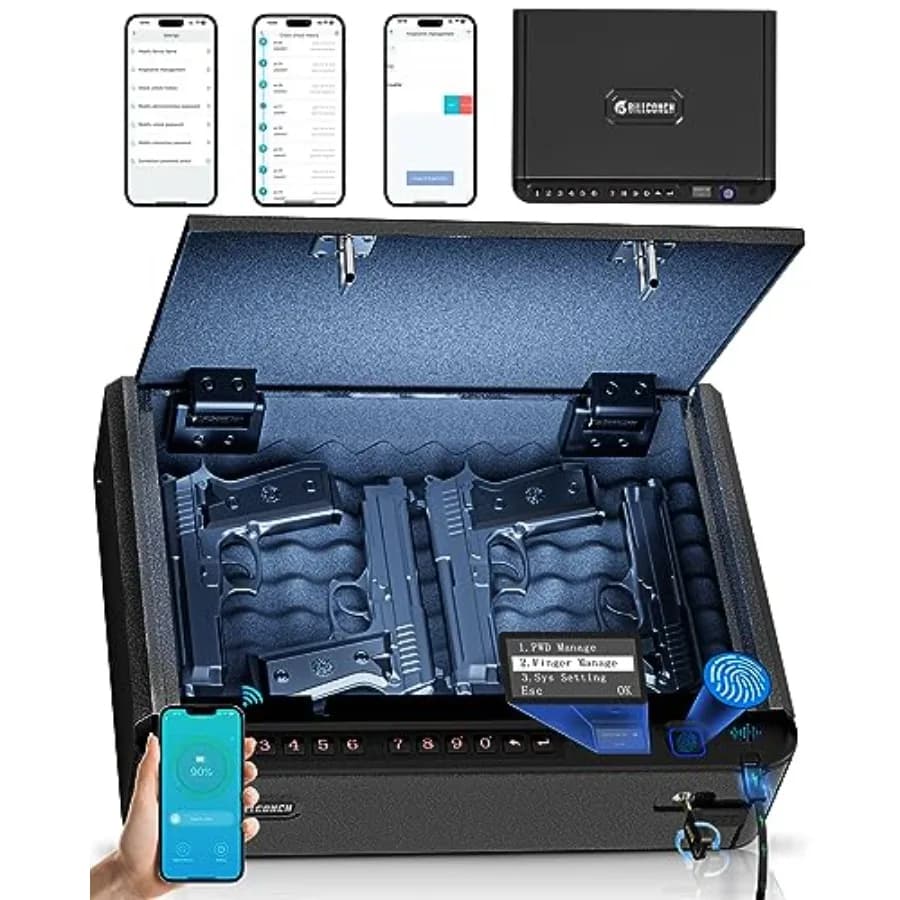 Cassaforte Intelligente per Armi con Cavo di Sicurezza - Cassaforte Biometrica per Pistole con Accesso Rapido in 4 Modi: Impronta Digitale/Tastiera/Chiave/APP