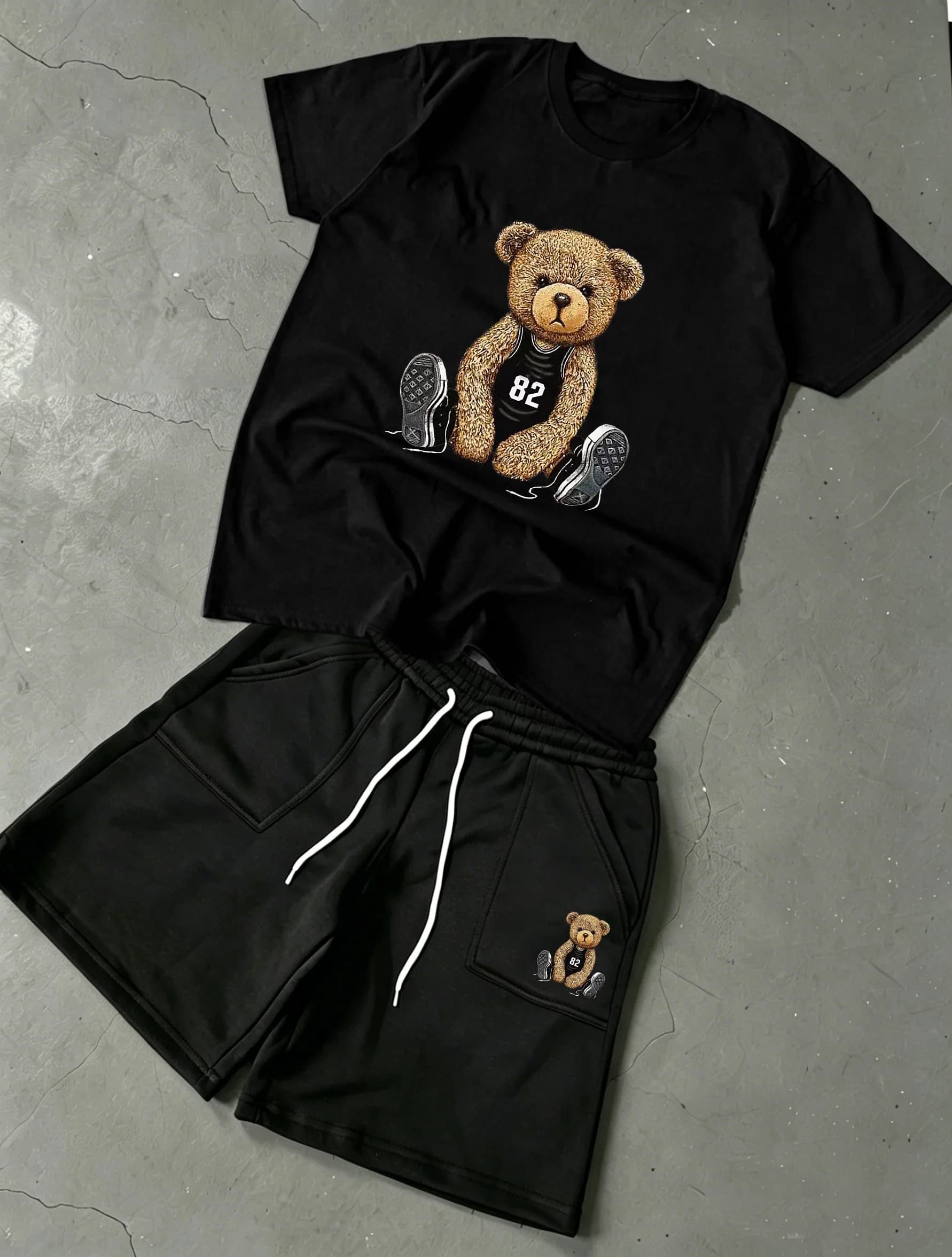 Unisex No.82 Basketball Bear Print Cotton Top & Fleece Shorts Set, Cute Casual Matching Outfit for Daily Wear