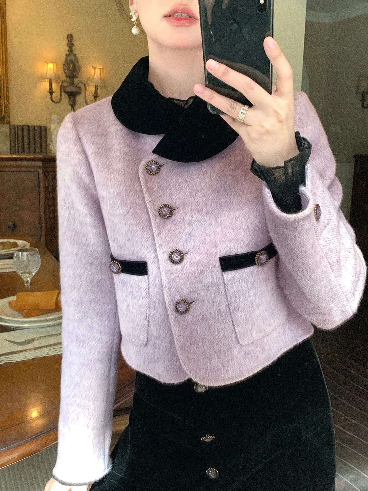 Double-Sided Woolen Coat Purple Winter Fashion Lady's Jacket Warm Straight Cut Short Style Long Sleeve Daily Wear by Lu Aunti...