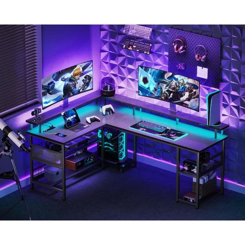 Scrivania da gioco a forma di L da 66" con presa di corrente e luci a LED, tavolo da gioco per PC con struttura in fibra di carbonio, personalizzabile reversibile