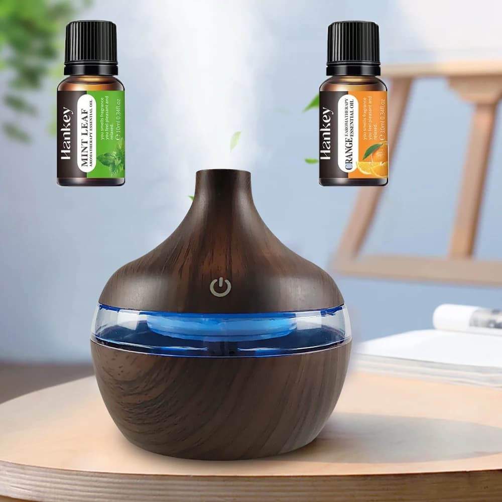 Nuovo umidificatore moderno dal design a venature del legno - Diffusore di aromaterapia USB da 300 ml con spegnimento automatico, 2 oli essenziali inclusi