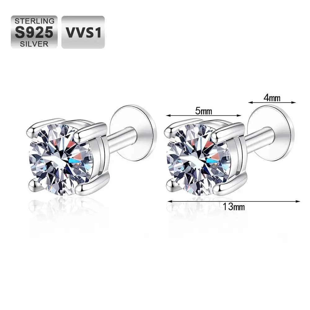 S925 Sterling Silver Moissanite Stud Earrings VVS1 D Color Round 4‑Prong Screw Back Earring For Women Men Jewelry Wedding Gift