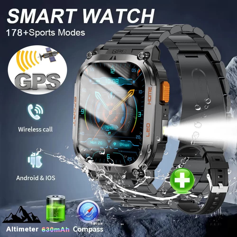 New Military Smartwatch 2026 for External with Bluetooth, GPS, compass, Barometric altimeter, Waterproof 3ATM, Men's Sport Watch