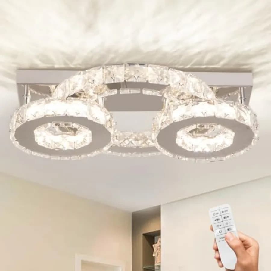 Lampadario in Cristallo Dimmerabile, Lampada da Soffitto Moderna a 3 Anelli LED, Plafoniera per Sala da Pranzo e Camera da Letto