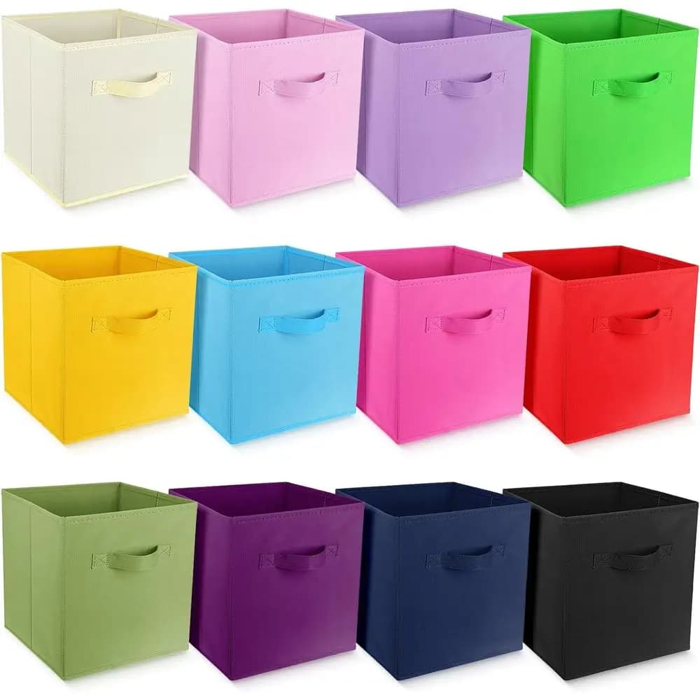Confezione da 12 cubi portaoggetti in tessuto resistente con manici - Organizzatori pieghevoli per vestiti, giocattoli, libri in 12 colori