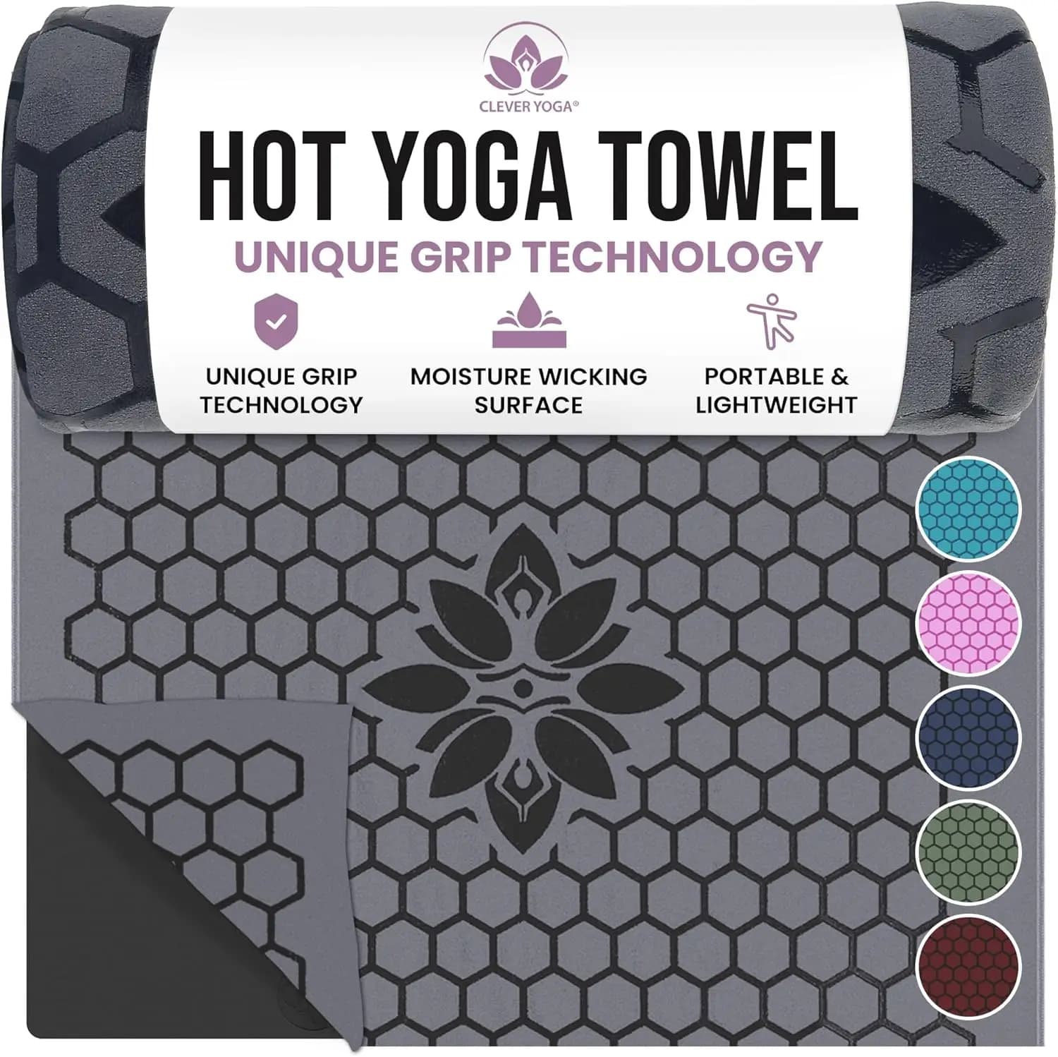 Tappetino Antiscivolo per Hot Yoga - Assorbente, con Grip a Nido d'Ape, Piatto e Stabile per Pilates e Viaggi, Lavabile, Grigio