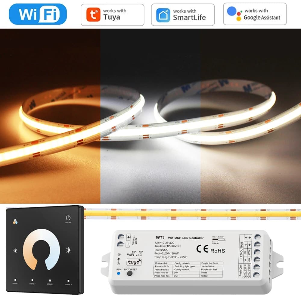 10M 20M Tuya WiFi COB CCT Led Strip 24V Doppia luce bianca per stanza 2700-6500K 2.4G RF Dimmer Touch Remote f Alexa Google SmartThings