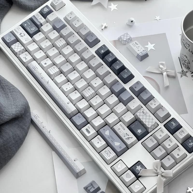 Keycaps personalizzati in stile musicale asiatico originale, tono grigio premium, profilo OEM, effetto gelatina traslucida per tastiera meccanica