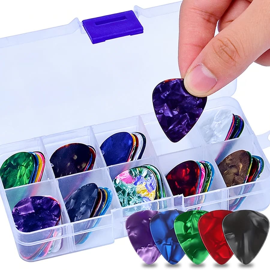 40 plettri colorati in celluloide per chitarra con 1 scatola portaoggetti, per basso, spessori assortiti