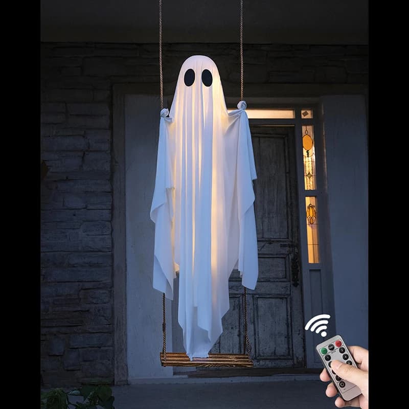 Decorazione di Halloween con fantasma altalena sospesa per esterni con luci a corda Fantasma carino Decorazione fantasma Portico anteriore Cortile Albero