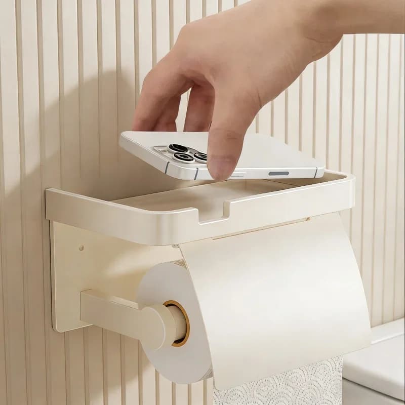 Portarotolo da Parete per Carta Igienica, Bianco Crema, Senza Foratura, Organizzatore per Bagno
