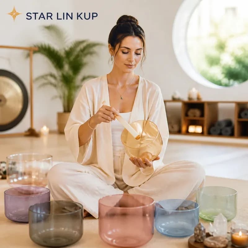 STAR LIN KUP 432Hz Golden Handle Crystal Singing Bowl for Yoga Meditation Sound Healing with Accessories Chakra Balance