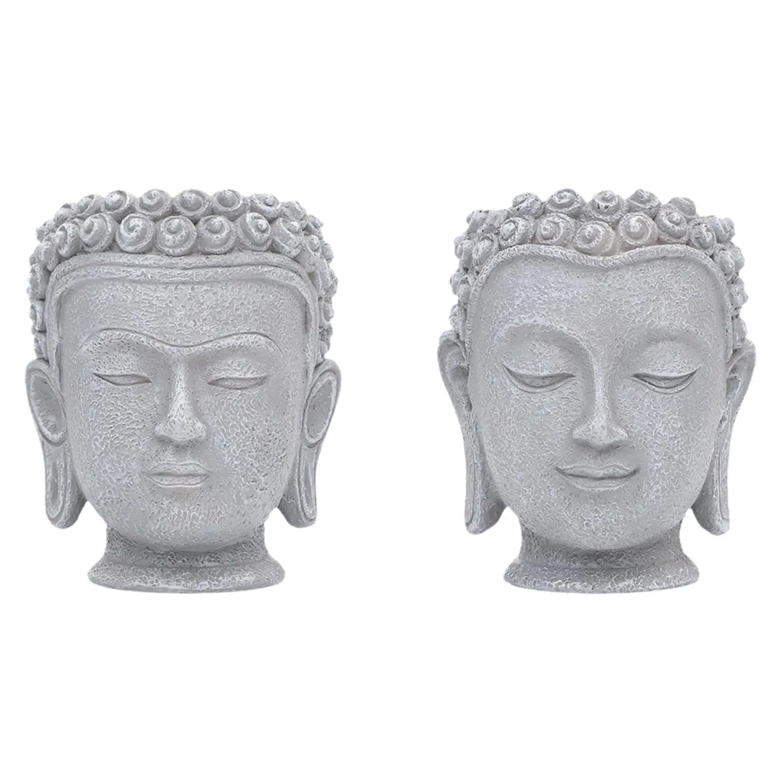 Zen Garden Buddha Head Flower Pot with Drainage Resin Planter Sculpture Figurine Vase for Home Office Patio Balcony Landscape