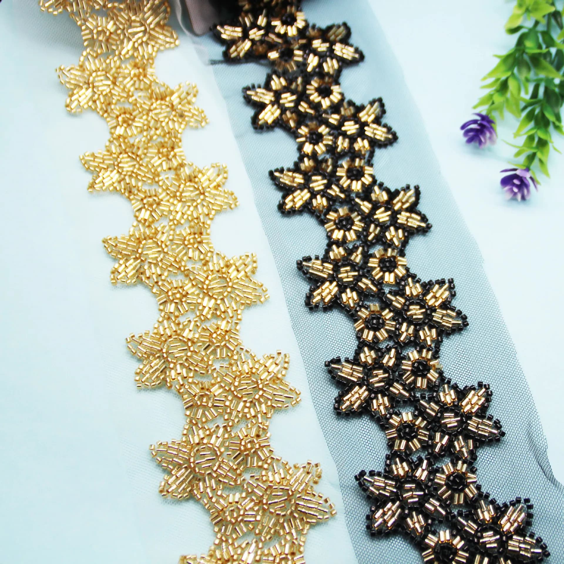 Sewing Accessories Beads Lace Finishes Golden Flowers Embroidery Lace Meters with Beads Luxury beads Lace for sewing elegant dresses
