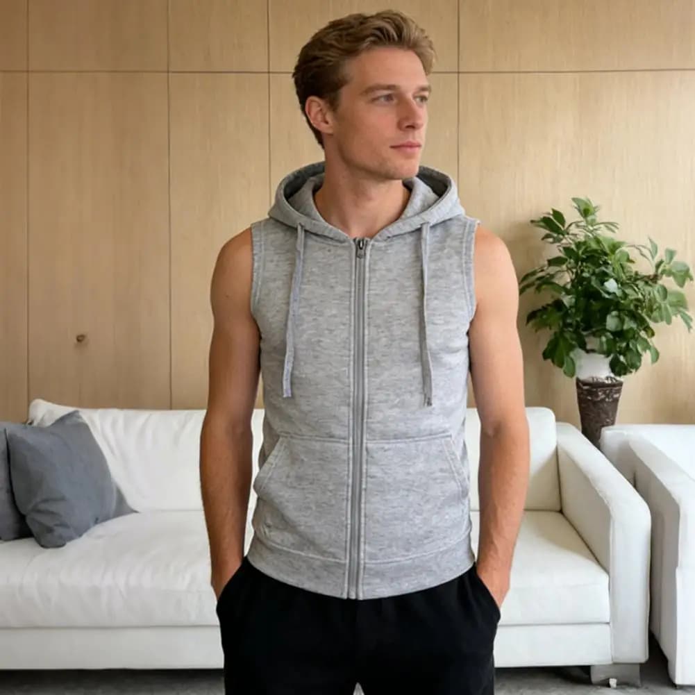 Gilet da uomo con apertura con cerniera, gilet leggero con cappuccio e ampie tasche, top estivo in tinta unita, abbigliamento sportivo casual