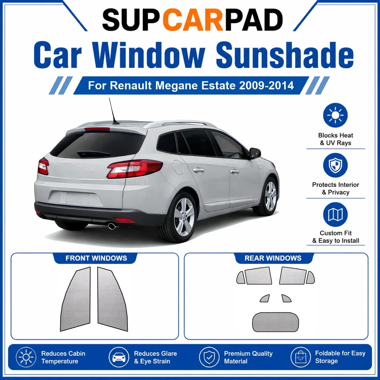 For Renault - Renault Megane Estate 2009-2014 Full Set Car Window Sunshades UV Block Privacy Heat Insulated Foldable Car Curtain