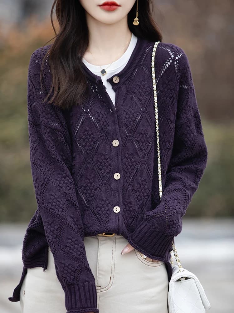 Nuovo Cardigan da Donna 2026 con Collo Rotondo e Design Traforato in Puro Cotone, Stile Casual, Giacca Lavorata a Maglia