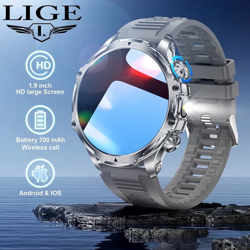 LIGE Men Outdoors Sports Smart Watch AK75 Flashlight 700mah Large Battery Bluetooth Calling LED Light Fitness Tracker Smartwatch