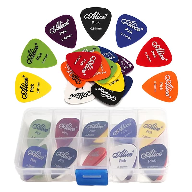 50pcs/box Guitar Picks with Storage Box Assorted Thickness 0.58mm-1.50mm Celluloid Plectrums for Guitar Bass Ukulele TMZ