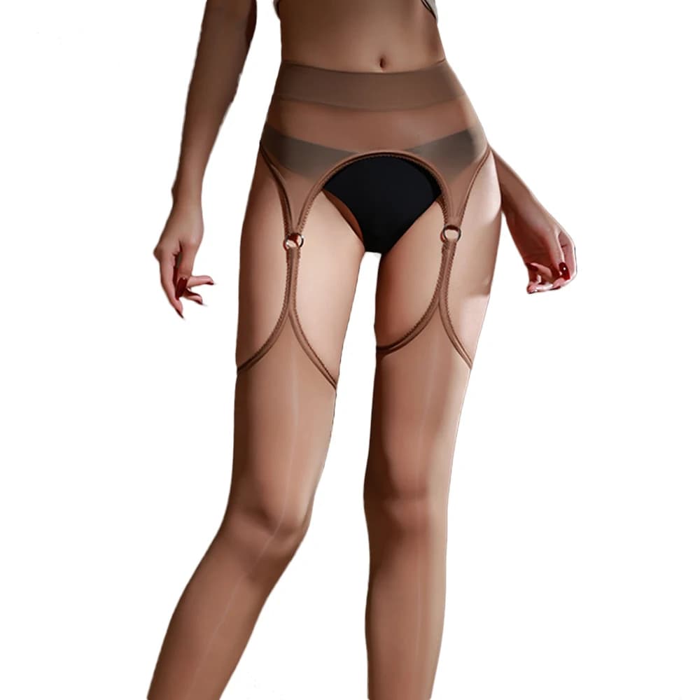 Sexy Women 8D Holow Out Pantyhose Open Crotch Bandage Tights Sheer See Through Oil Glossy Shiny Maid Garters Ring Stockings