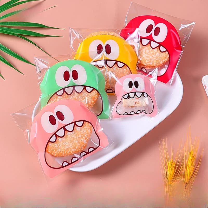 100pcs Cookie Candy Bag Cute Cartoon Self-adhesive Plastic Packing Bag For Biscuit Gift Food Packing, Baking Package