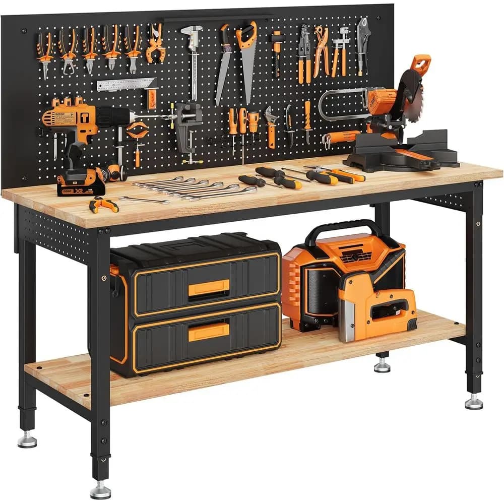 Adjustable Height 60 Workbench with Storage, Heavy-Duty Rubberwood Top, LED Light, Power Strip for Workshops and Garages